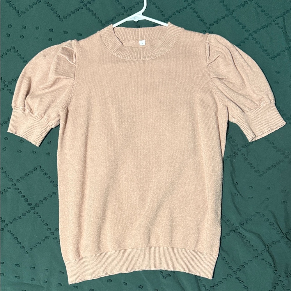 Short Sleeve Puff Shoulder Sweater - Blush Pink - Picture 3 of 5